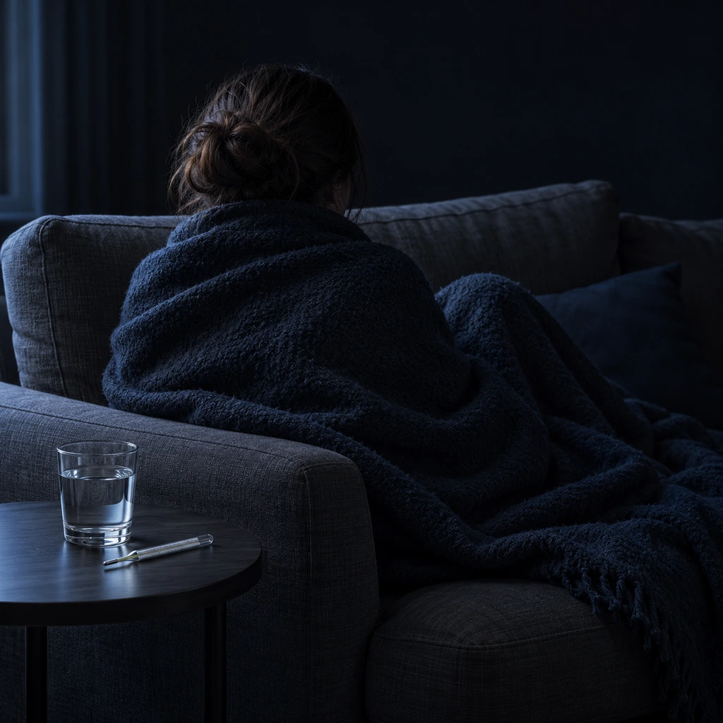 Person from behind wrapped in a blanket, thermometer and water on a dark table