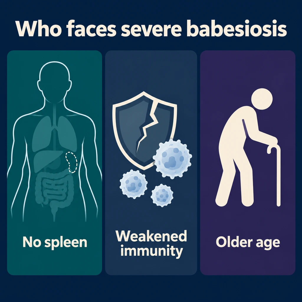 Infographic: missing spleen, cracked immune shield, and an older person icon