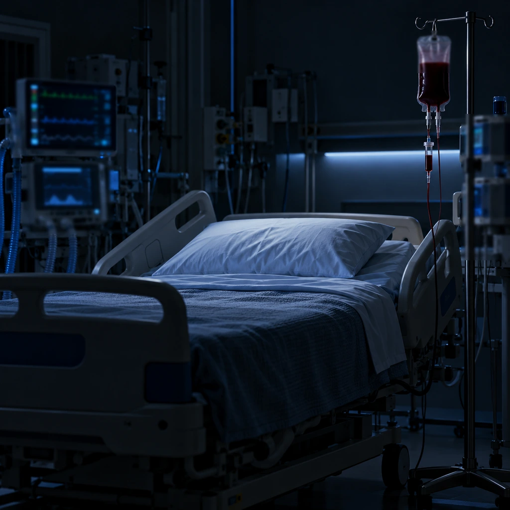 Dim intensive care bed area with monitors and a bag of blood on a pole