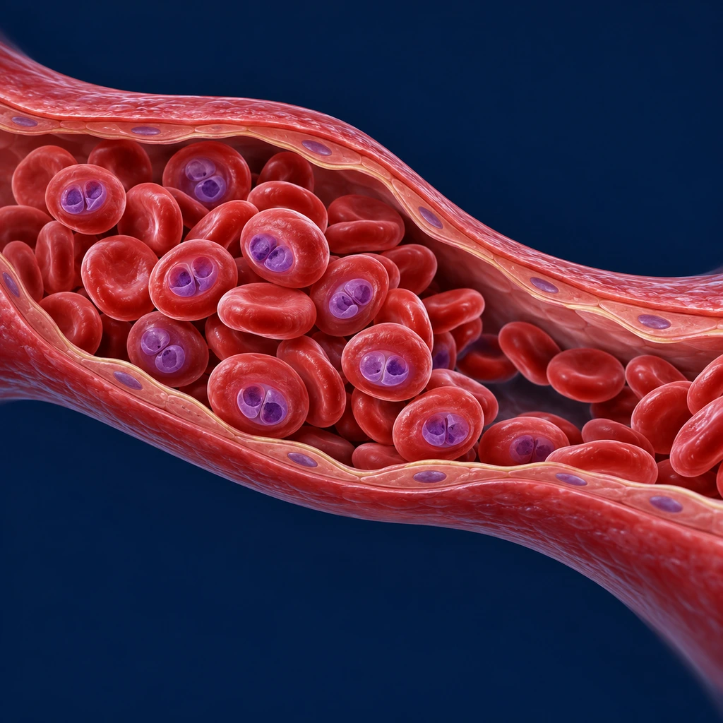 Tiny blood vessel crowded and partly blocked by parasite-filled red blood cells