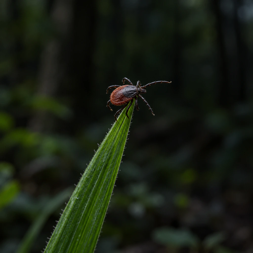 Black-legged tick on a grass blade at a dark woodland edge
