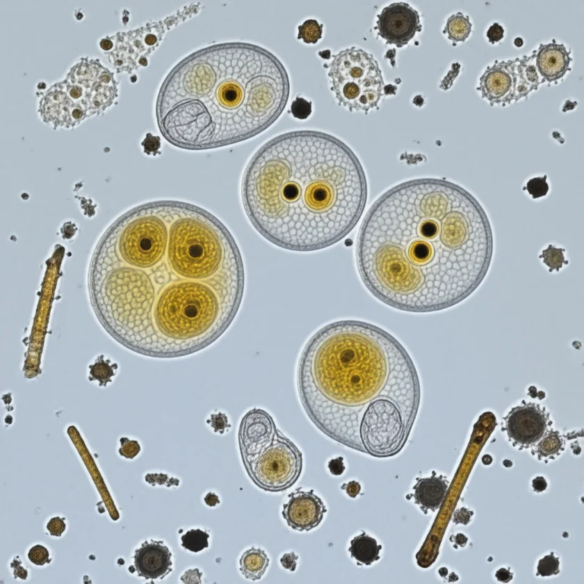 Entamoeba cysts, the infectious form, in stool
