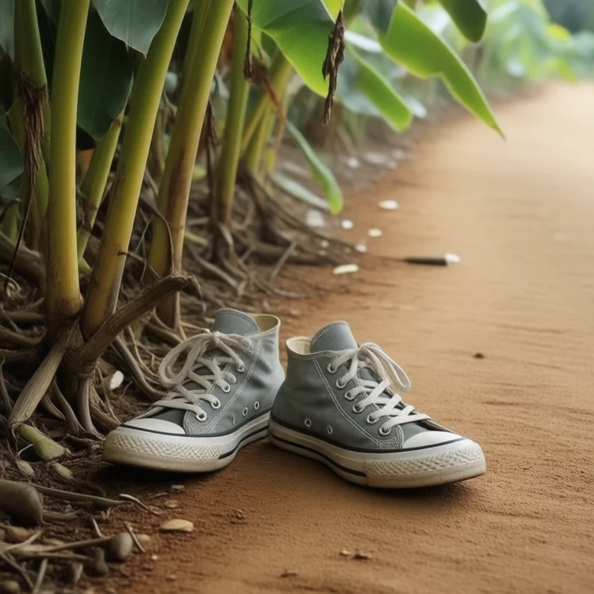 Shoes on a dirt path, a barrier to soil larvae
