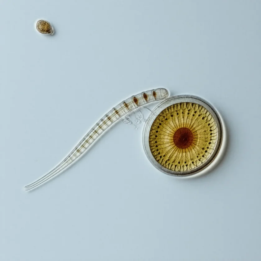 A Toxocara larva beside its empty egg