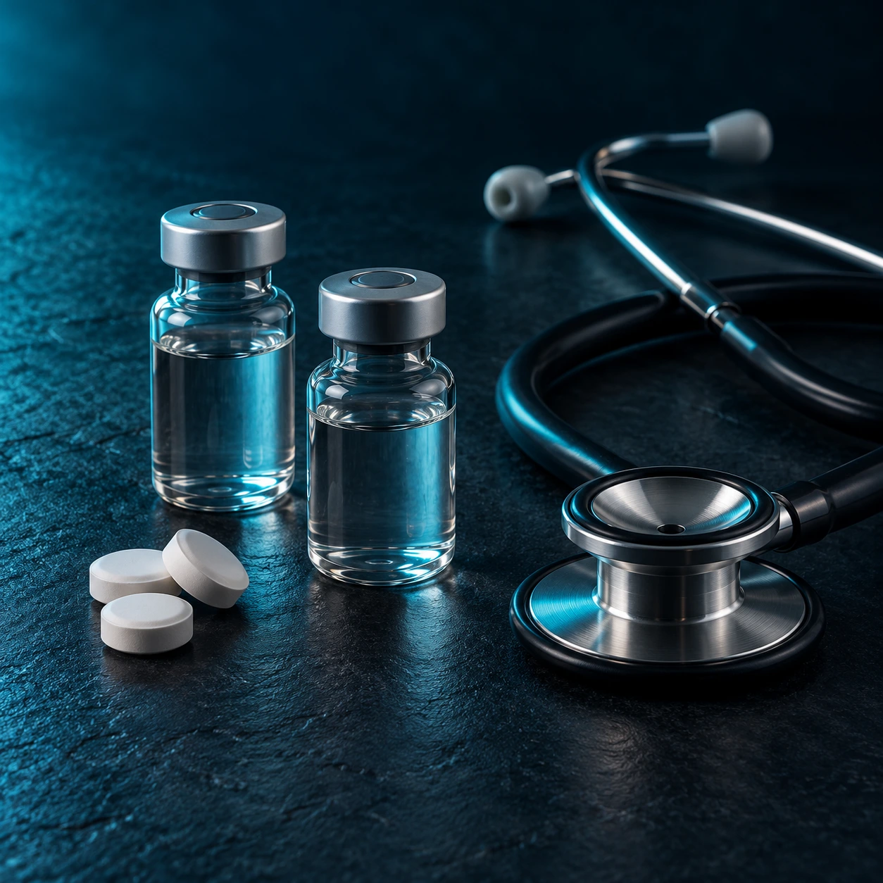 Plain tablets and unlabeled vials beside a stethoscope on a dark surface