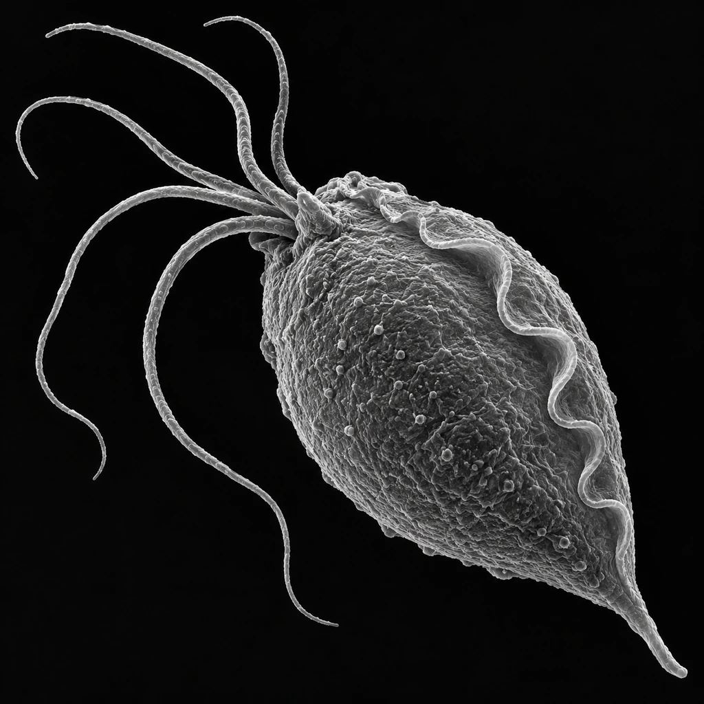 Electron-micrograph-style image of a pear-shaped Trichomonas cell with flagella