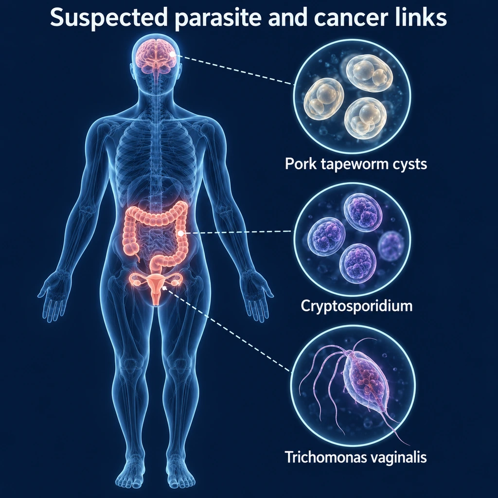 Silhouette with dashed lines from Trichomonas, Cryptosporidium and pork tapeworm cysts to pelvis, colon and brain