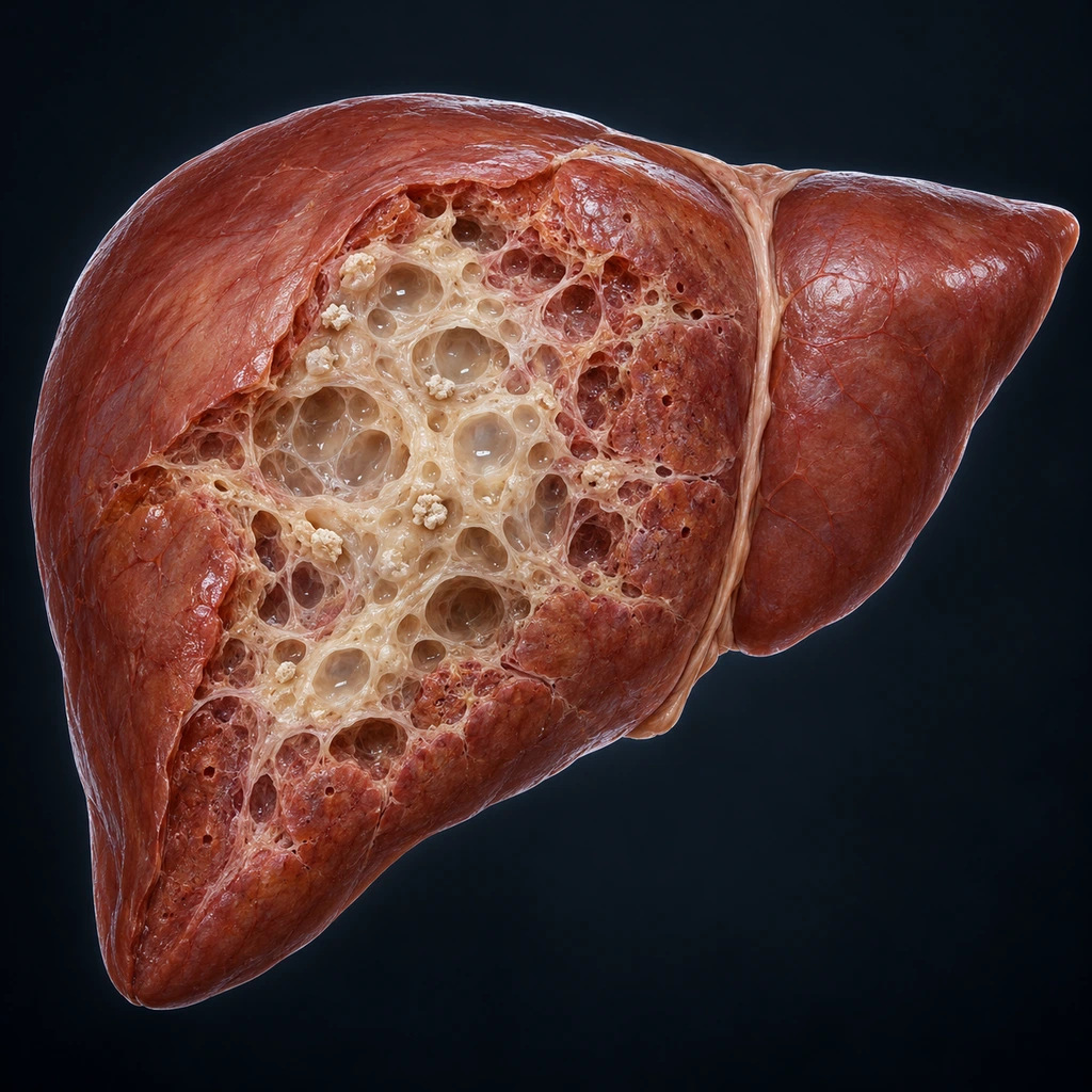 Cutaway liver with a pale multi-chambered cystic mass growing into the tissue