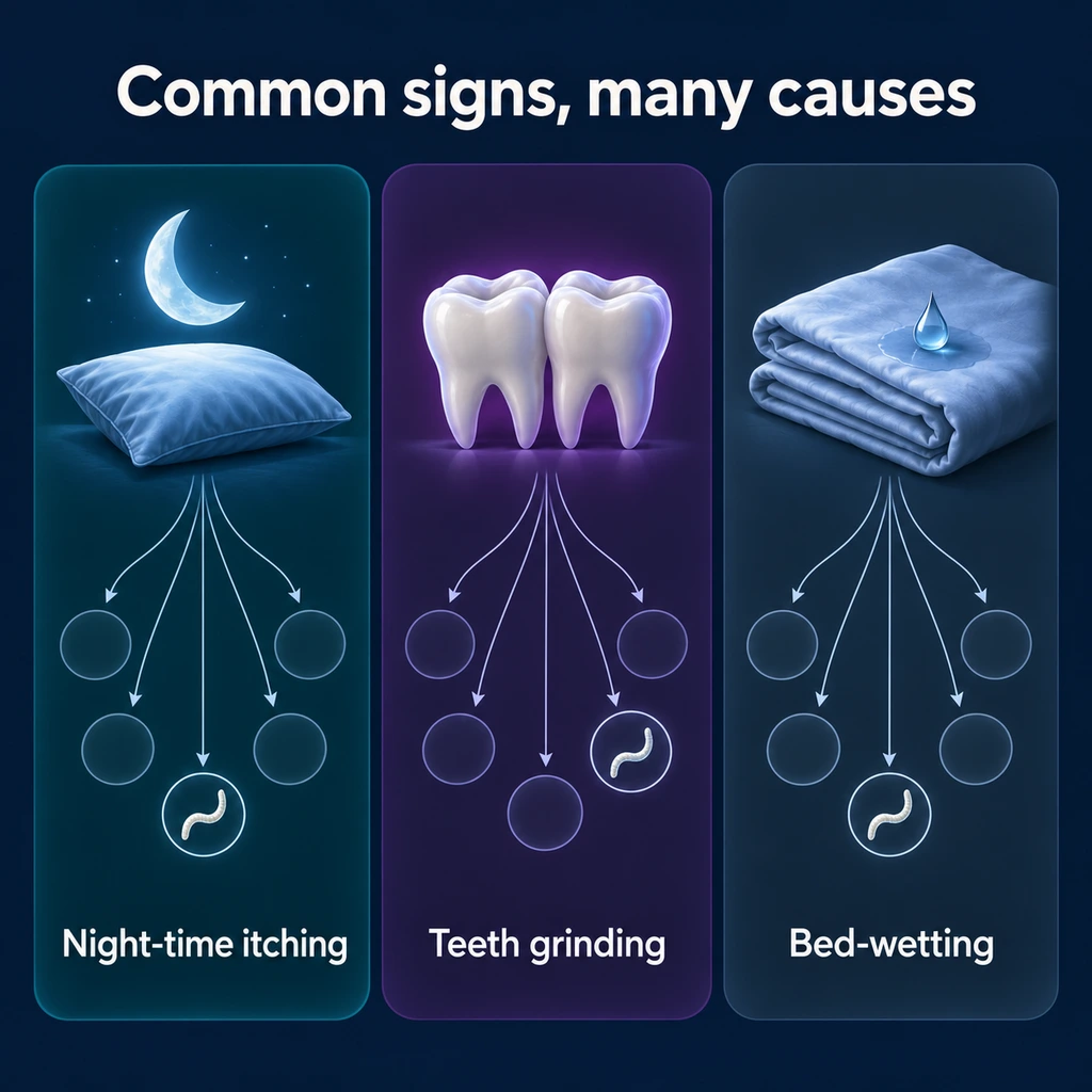 Infographic of night-time itching, teeth grinding and bed-wetting, each branching to many possible causes