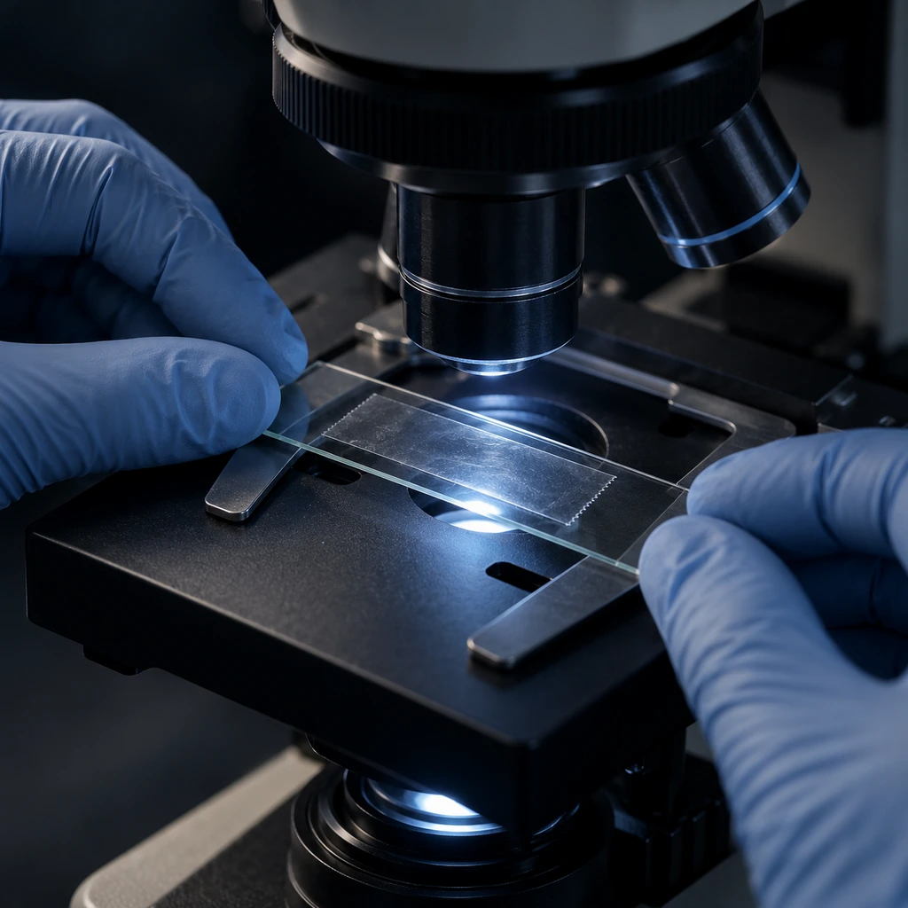 Gloved hands placing a taped glass slide onto a microscope stage on a dark bench