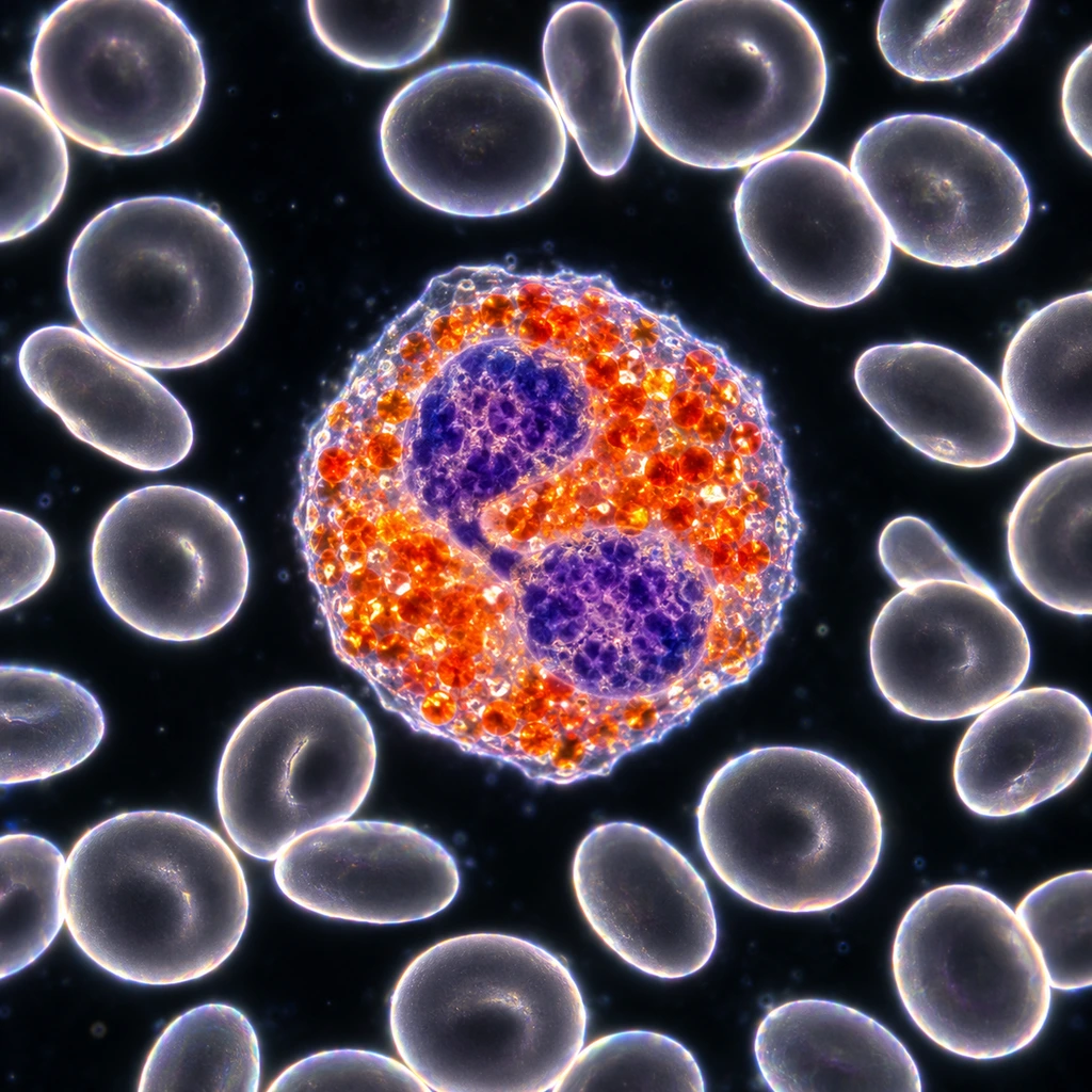 Microscope-style image of an eosinophil with bright granules among red blood cells on a dark field