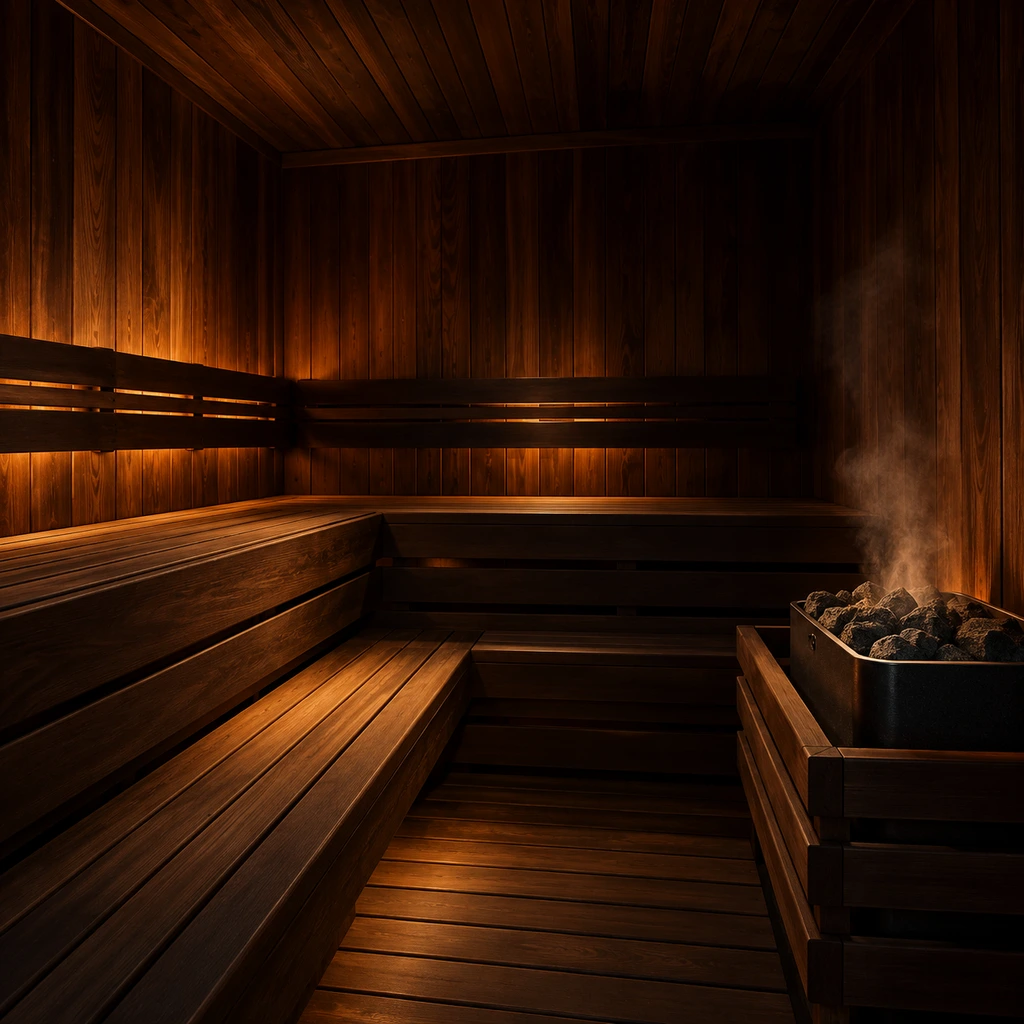 Empty dimly lit wooden sauna with benches and a steaming stove