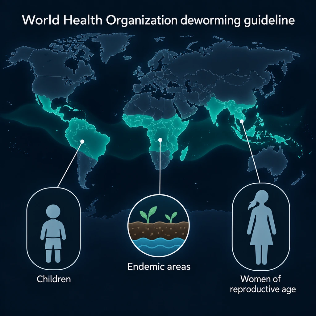 Dark world map infographic with child and woman icons and the tropical belt marked as endemic areas