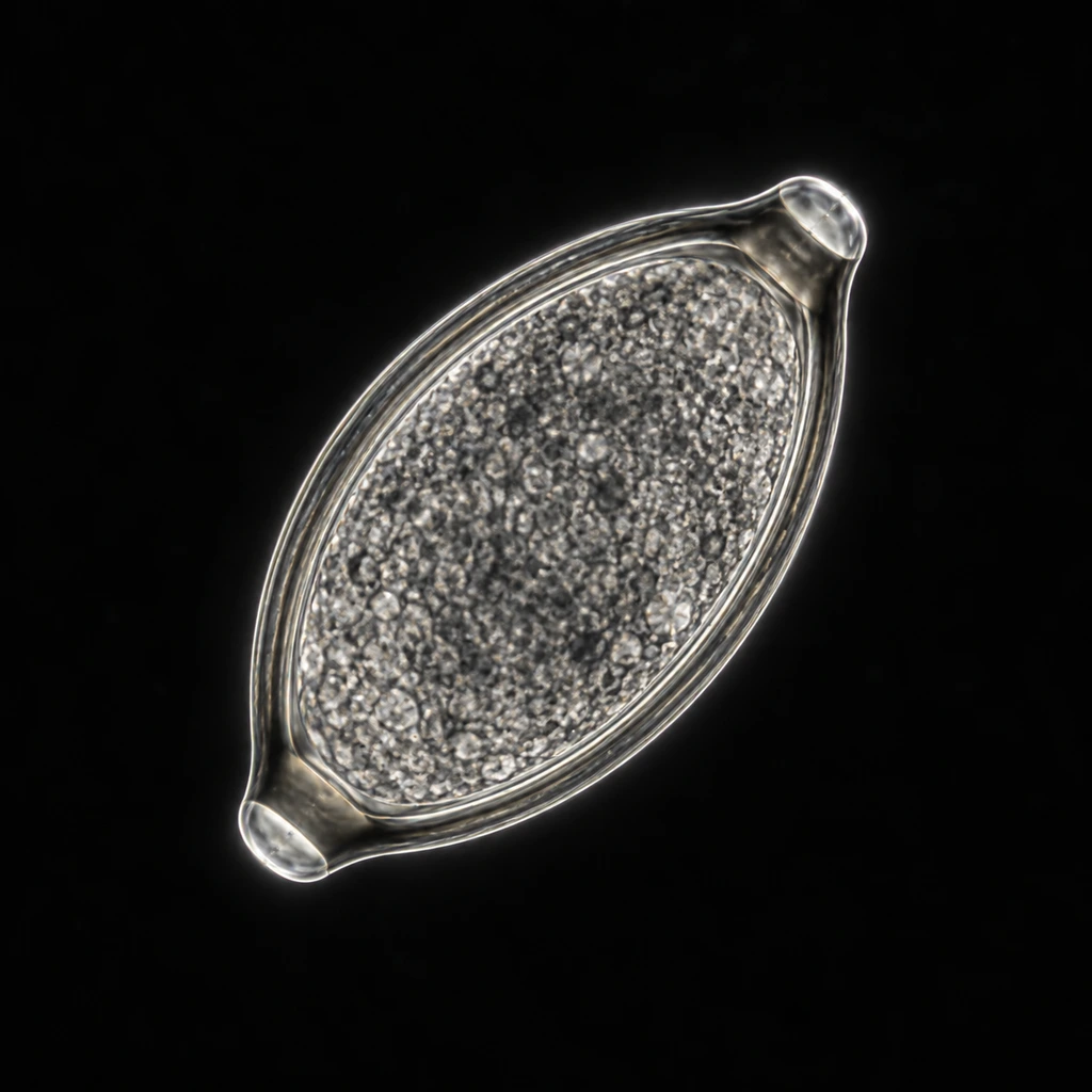 Grayscale microscope image of a barrel-shaped whipworm egg on a dark field