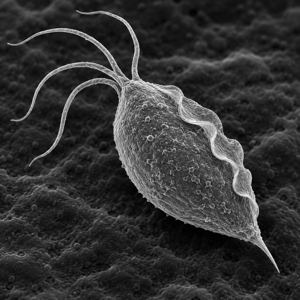 Electron-micrograph-style image of a pear-shaped Trichomonas parasite with flagella