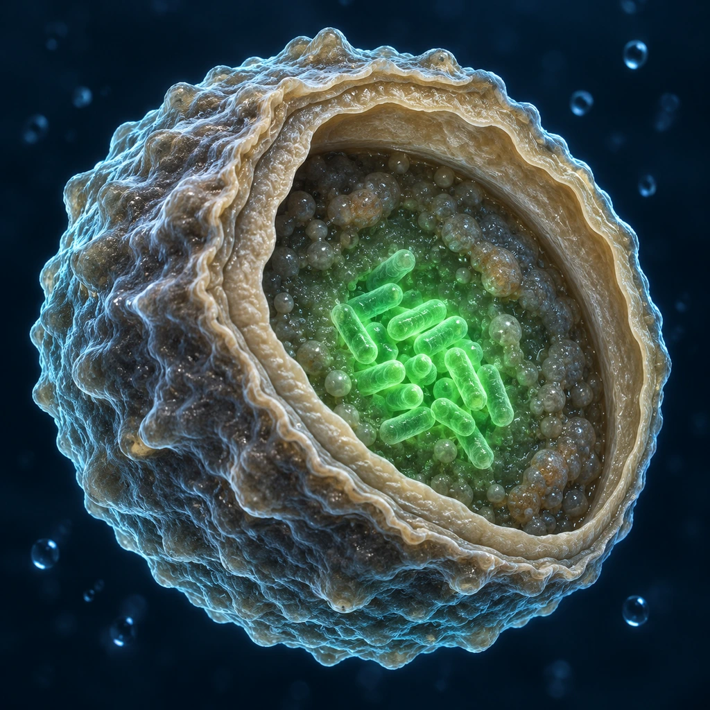 Cutaway illustration of an amoeba cyst with rod-shaped bacteria inside