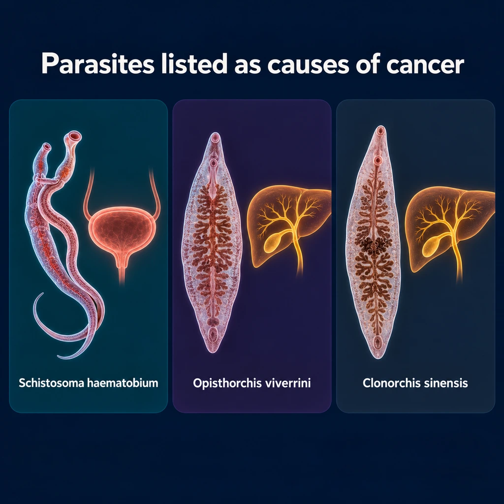 Three panels: Schistosoma haematobium with the bladder, Opisthorchis viverrini and Clonorchis sinensis with the bile ducts