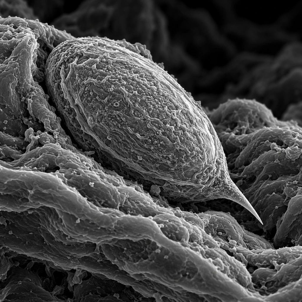 Electron-micrograph-style image of a spined Schistosoma egg lodged in bladder tissue