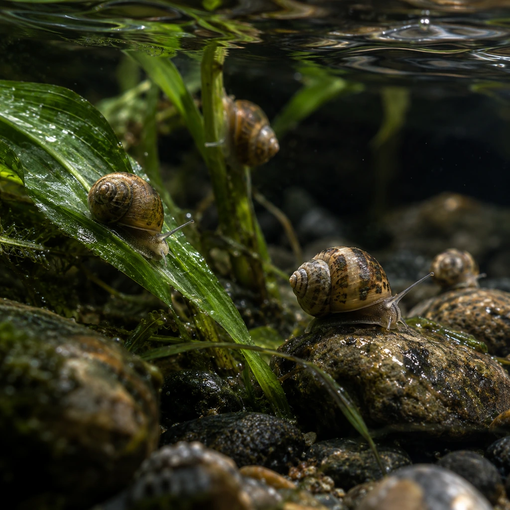Small freshwater snails on water plants and pebbles in a shallow stream