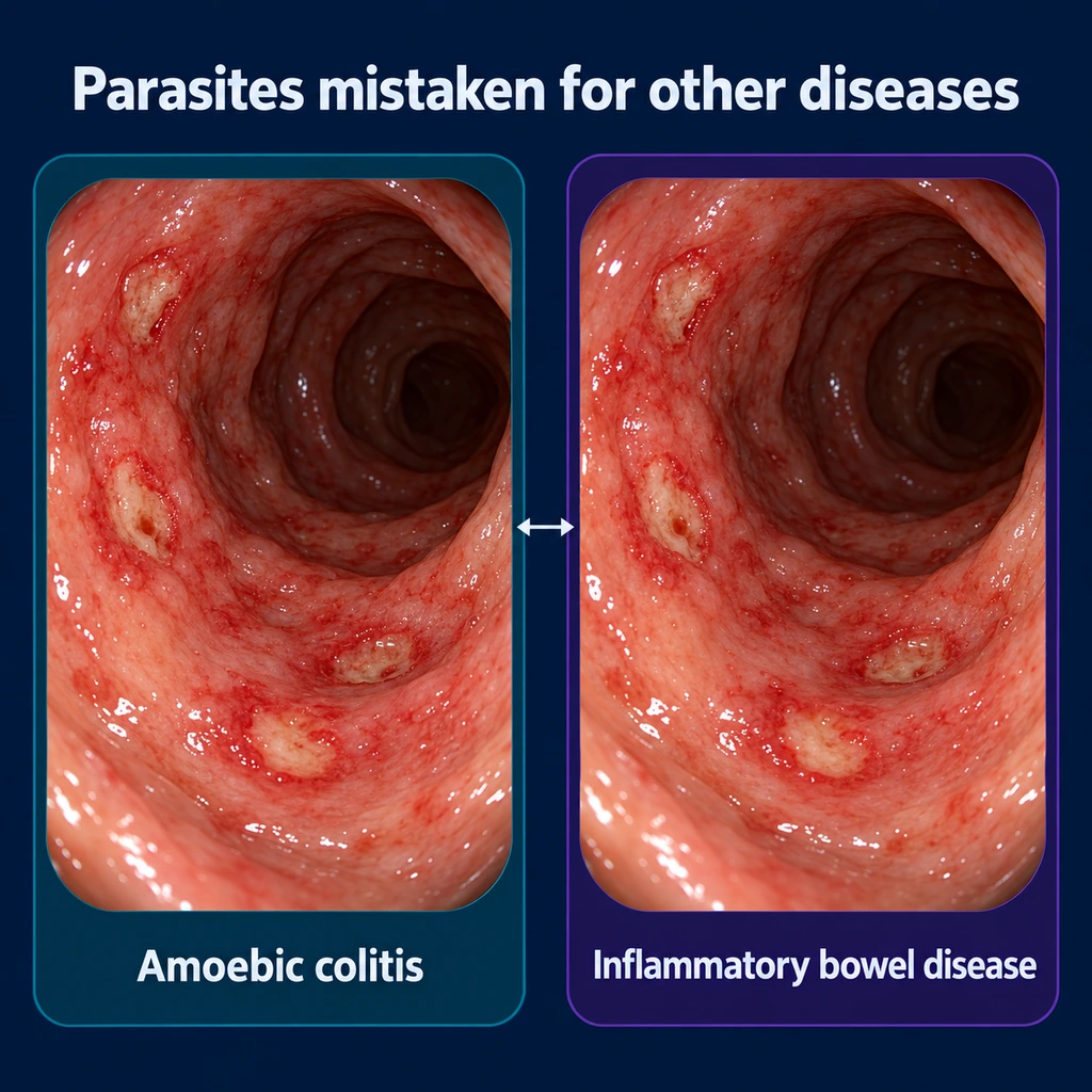 Two near-identical bowel views labelled amoebic colitis and inflammatory bowel disease