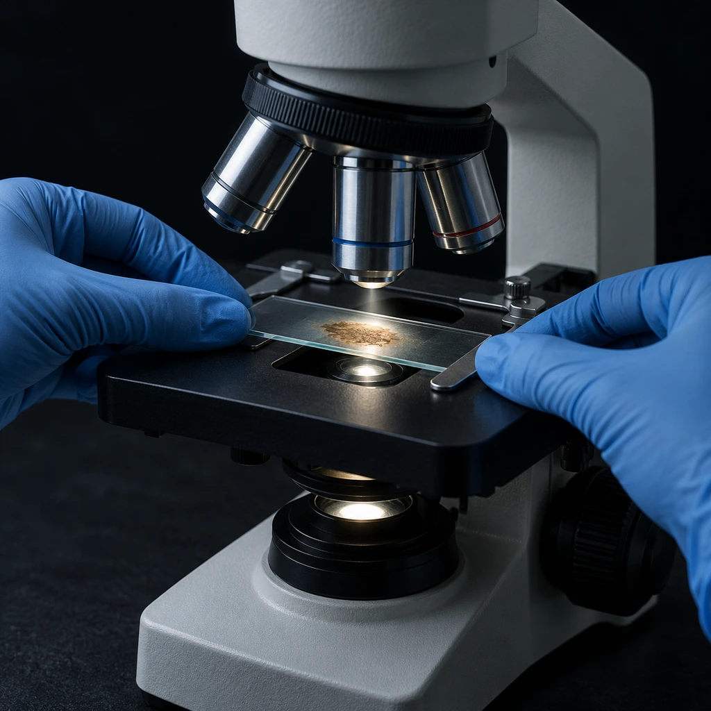 Gloved hands placing a stool smear slide on a microscope in a dark laboratory