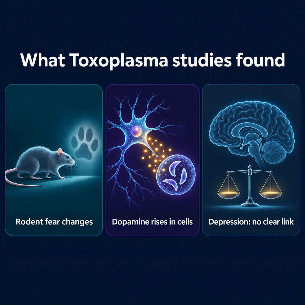 Three-panel infographic: rodent fear change, dopamine rising in cells, no clear link with depression