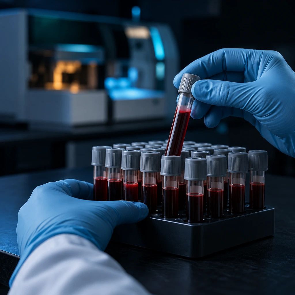 Gloved hands lifting a blood sample tube from a rack in a dim laboratory