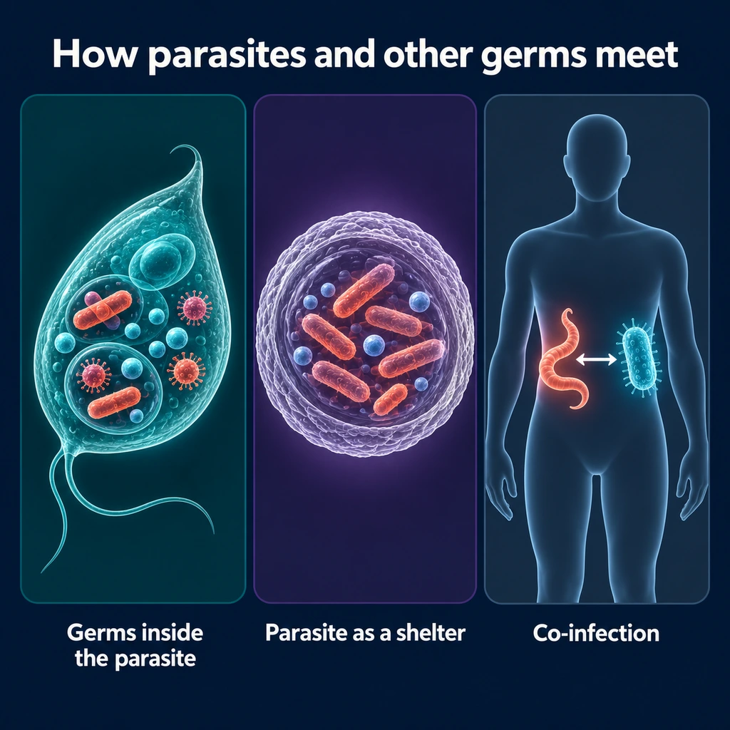 Three-panel infographic: germs inside a parasite, parasite as shelter, co-infection