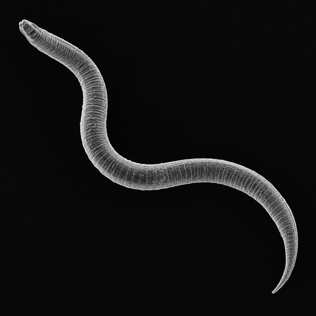 Electron-micrograph-style image of a slender, curved Strongyloides larva
