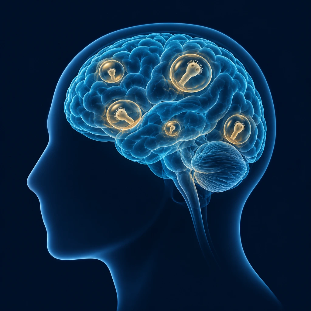 Illustration of a brain containing several small pork tapeworm larval cysts