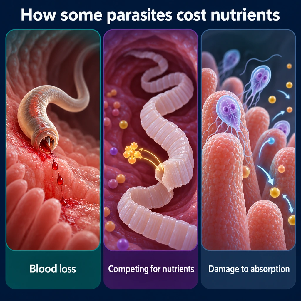 Three-panel infographic: hookworm blood loss, tapeworm competing for nutrients, Giardia damaging absorption
