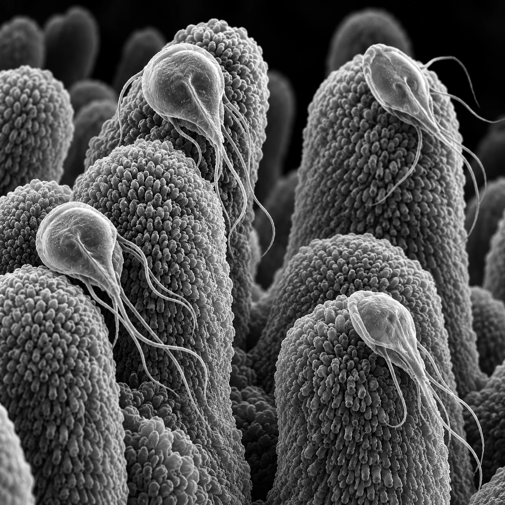 Electron-micrograph-style image of pear-shaped Giardia parasites on intestinal villi