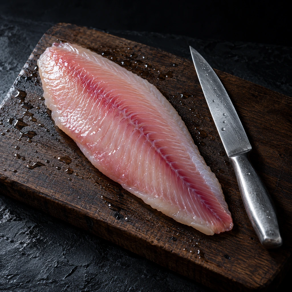 Raw freshwater fish fillet on a dark wooden board beside a knife