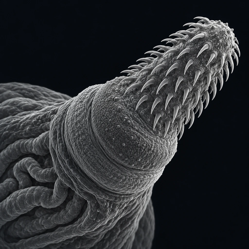 Electron-micrograph-style image of a thorny-headed worm's hooked proboscis