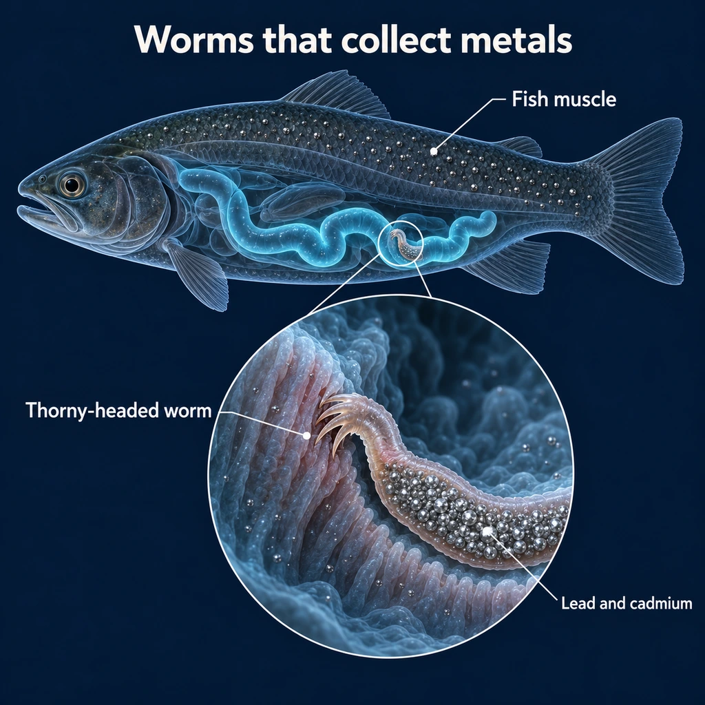 Fish outline with a gut worm holding dense metal particles compared with sparse particles in muscle