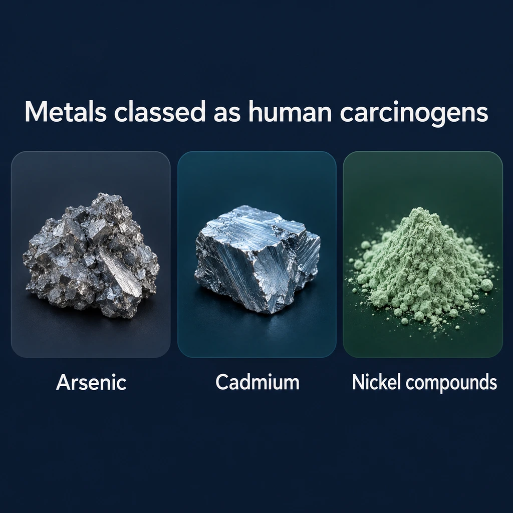 Three tiles showing arsenic, cadmium and nickel compounds, labelled as human carcinogens