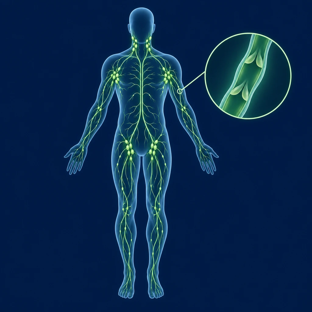Body silhouette showing glowing lymph vessels and clusters of lymph nodes
