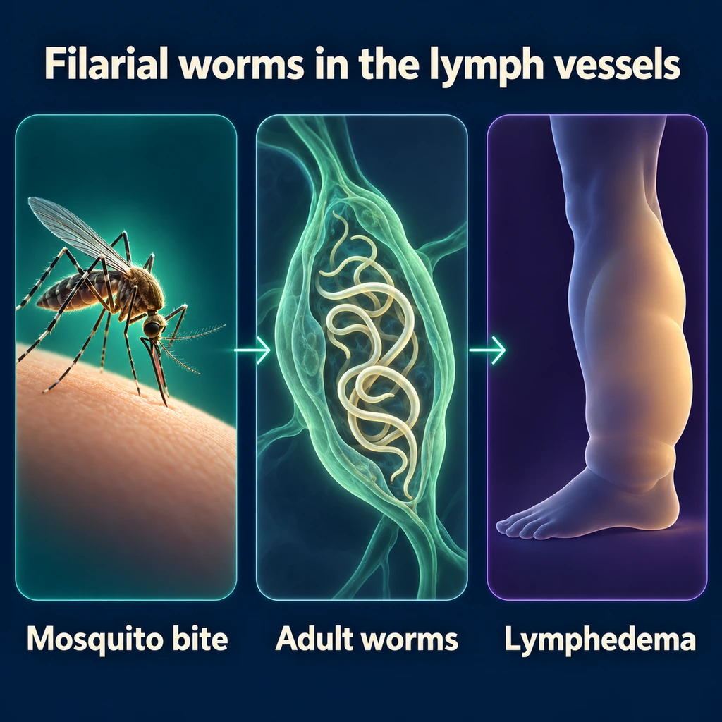 Infographic: mosquito bite, adult worms in a lymph vessel, and a swollen leg with lymphedema