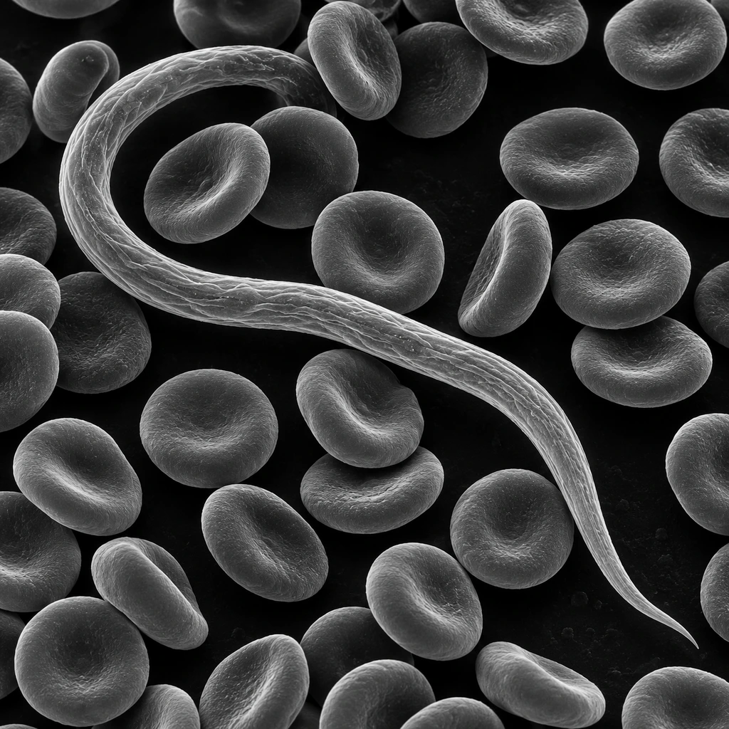 Electron-micrograph-style image of a thread-like young filarial worm among red blood cells