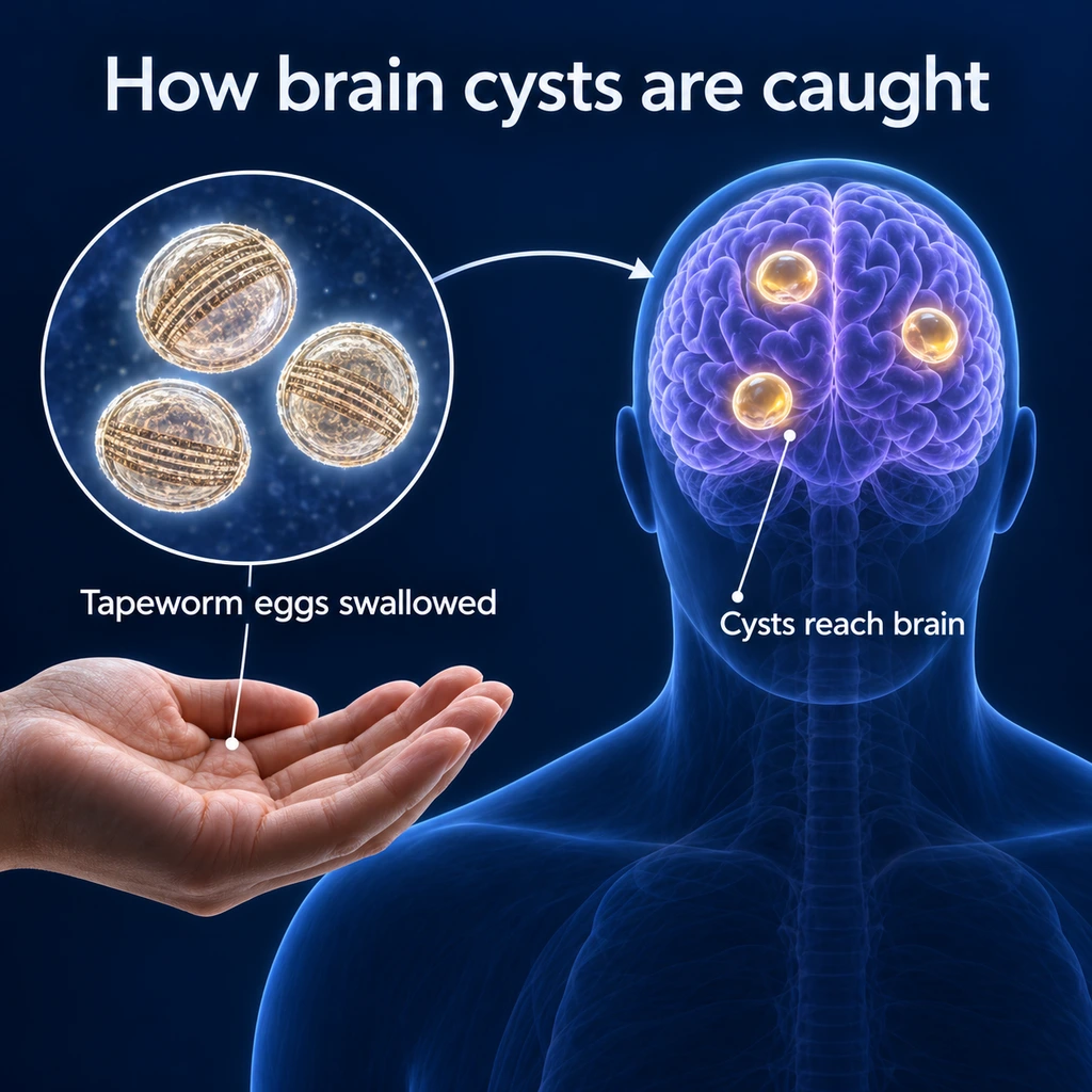 Infographic of swallowed tapeworm eggs leading to small cysts in the brain