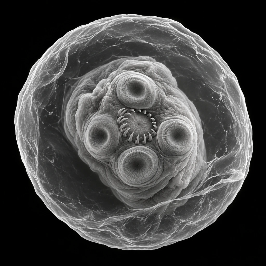Electron-micrograph-style image of a round tapeworm larval cyst with its hooked head inside