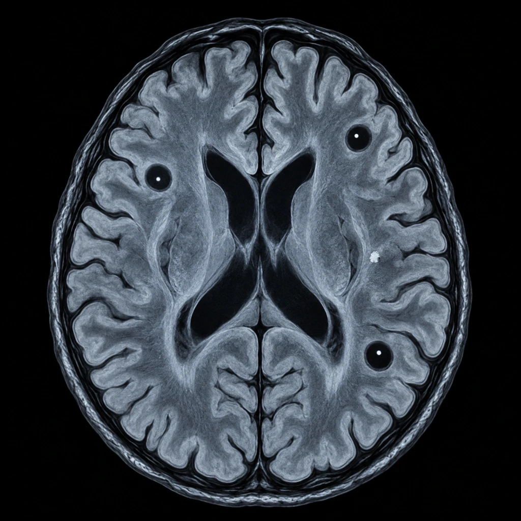 Illustrated brain scan slice showing several small round cysts