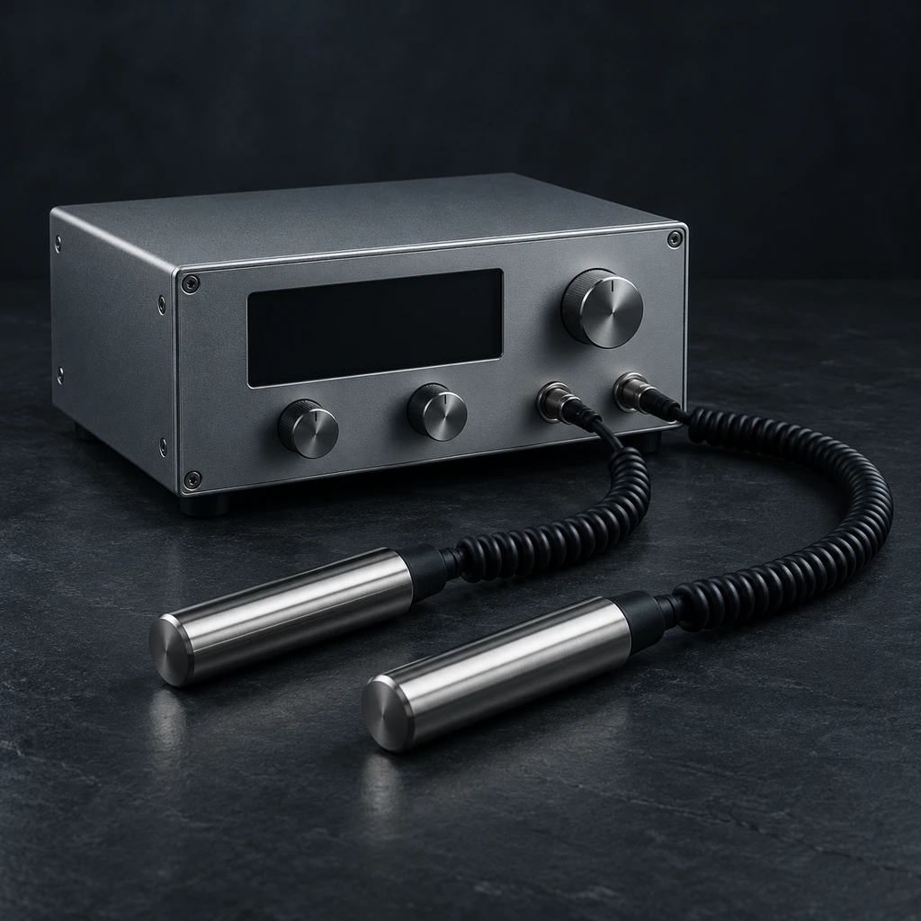 Generic unbranded signal generator box with two metal hand electrodes on a table