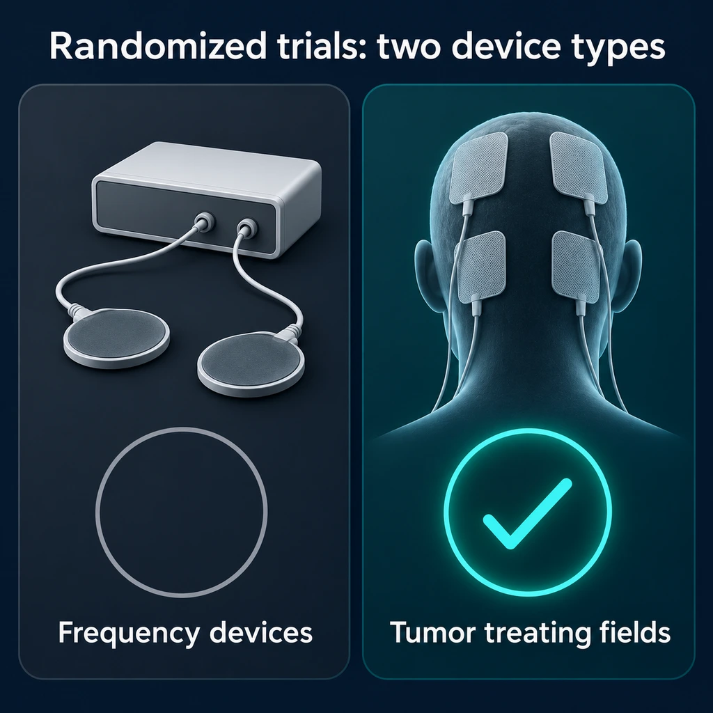 Two-panel infographic contrasting frequency devices with tumor treating fields pads on a head silhouette