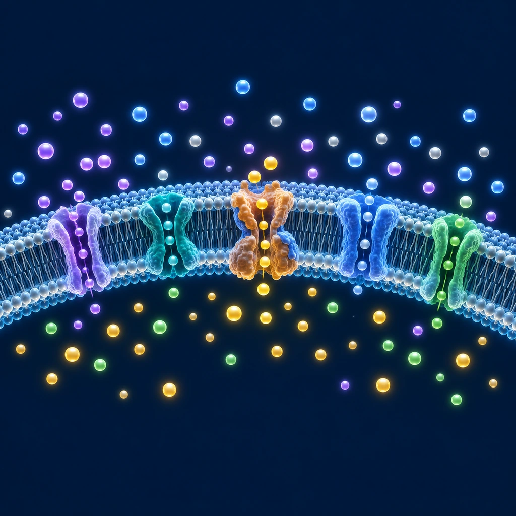 Illustration of a cell membrane with ion channels and ions on either side