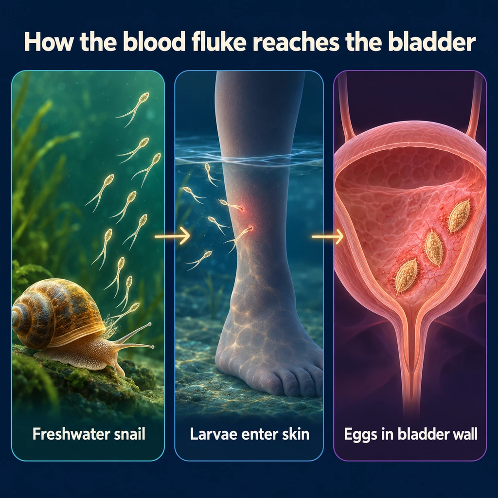 Infographic: freshwater snail, larvae entering skin in water, and eggs trapped in the bladder wall
