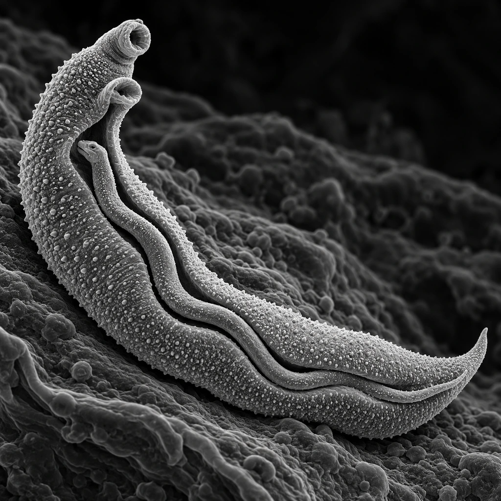 Electron-micrograph-style image of a paired male and female blood fluke
