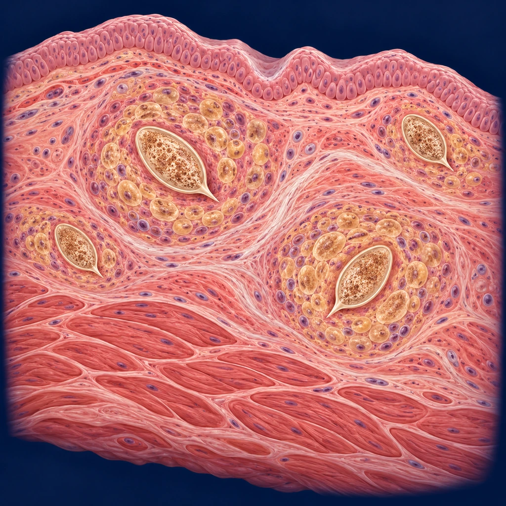 Cross-section of a bladder wall with spined eggs surrounded by clusters of immune cells