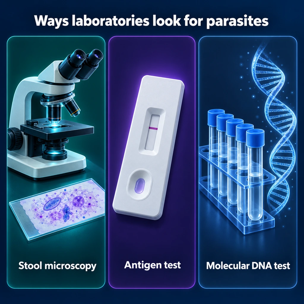 Infographic of three laboratory tests for parasites: microscopy, antigen test, molecular DNA test
