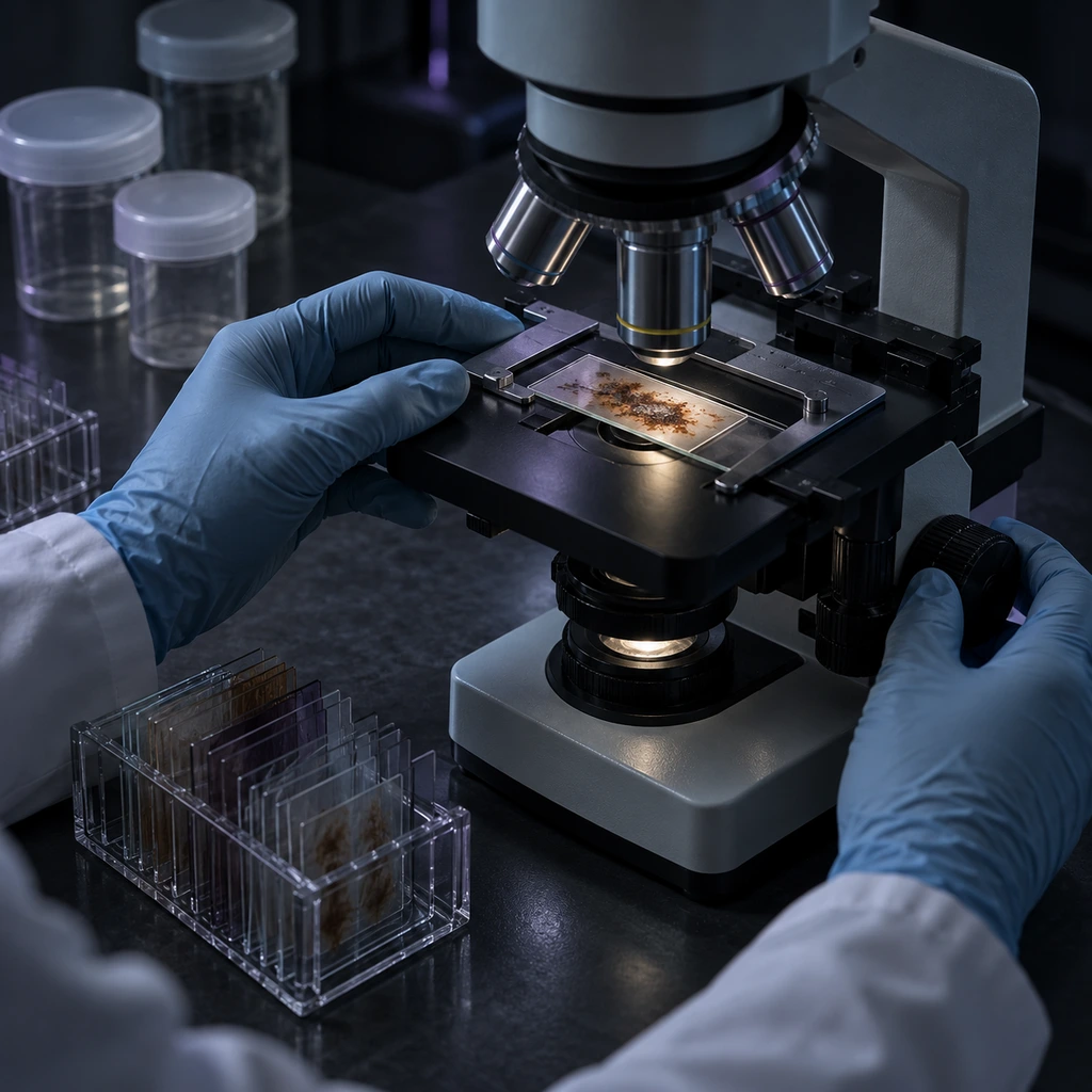 Gloved hands at a laboratory microscope examining a stool slide